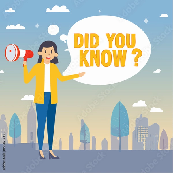 Obraz Did you know, fun fact, idea or advice message, useful knowledge or wisdom, expert information, explanation or solution, useful tips concept, woman talk on megaphone on did you know speech bubbl