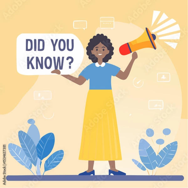 Fototapeta Did you know, fun fact, idea or advice message, useful knowledge or wisdom, expert information, explanation or solution, useful tips concept, woman talk on megaphone on did you know speech bubbl