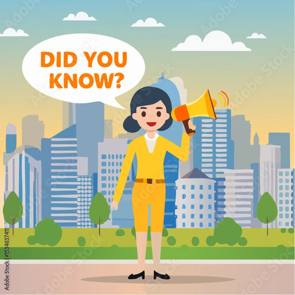 Obraz Did you know, fun fact, idea or advice message, useful knowledge or wisdom, expert information, explanation or solution, useful tips concept, woman talk on megaphone on did you know speech bubbl