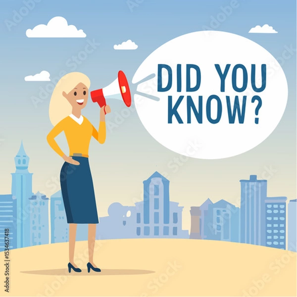 Obraz Did you know, fun fact, idea or advice message, useful knowledge or wisdom, expert information, explanation or solution, useful tips concept, woman talk on megaphone on did you know speech bubbl
