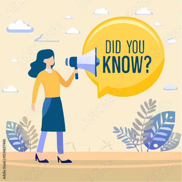 Obraz Did you know, fun fact, idea or advice message, useful knowledge or wisdom, expert information, explanation or solution, useful tips concept, woman talk on megaphone on did you know speech bubbl