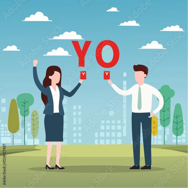 Obraz Yes, No argument or disagreement, conflict fight debate, dilemma, dispute or office rivalry war, struggle, negative discussion concept, businessman and woman arguing or fight with yes and no sig