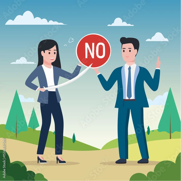 Obraz Yes, No argument or disagreement, conflict fight debate, dilemma, dispute or office rivalry war, struggle, negative discussion concept, businessman and woman arguing or fight with yes and no sig