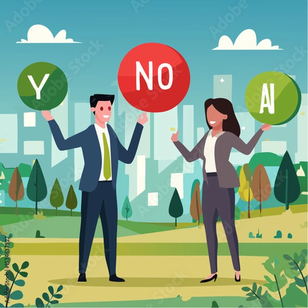 Obraz Yes, No argument or disagreement, conflict fight debate, dilemma, dispute or office rivalry war, struggle, negative discussion concept, businessman and woman arguing or fight with yes and no sig