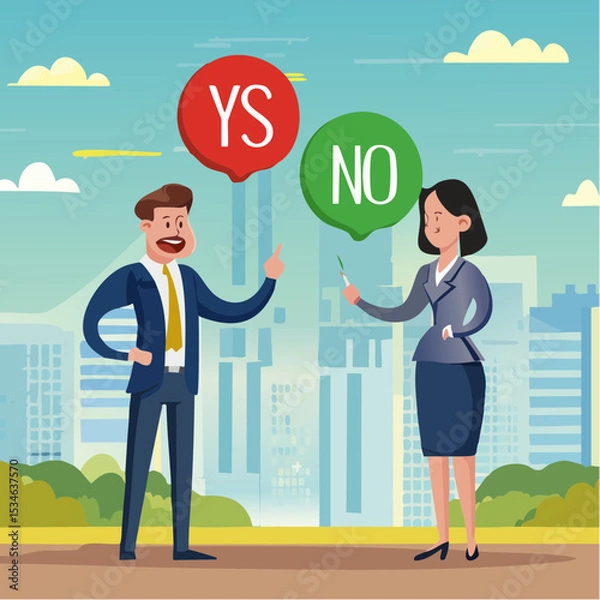 Obraz Yes, No argument or disagreement, conflict fight debate, dilemma, dispute or office rivalry war, struggle, negative discussion concept, businessman and woman arguing or fight with yes and no sig