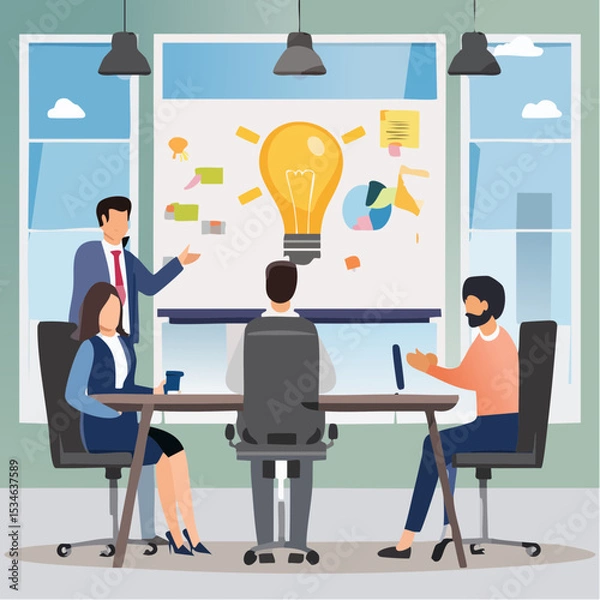 Obraz Workshop or business discussion, meeting or brainstorm new idea, training course class, Q and A, question and answer chat, business people in workshop meeting room with whiteboard and sticky note