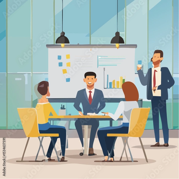Obraz Workshop or business discussion, meeting or brainstorm new idea, training course class, Q and A, question and answer chat, business people in workshop meeting room with whiteboard and sticky note