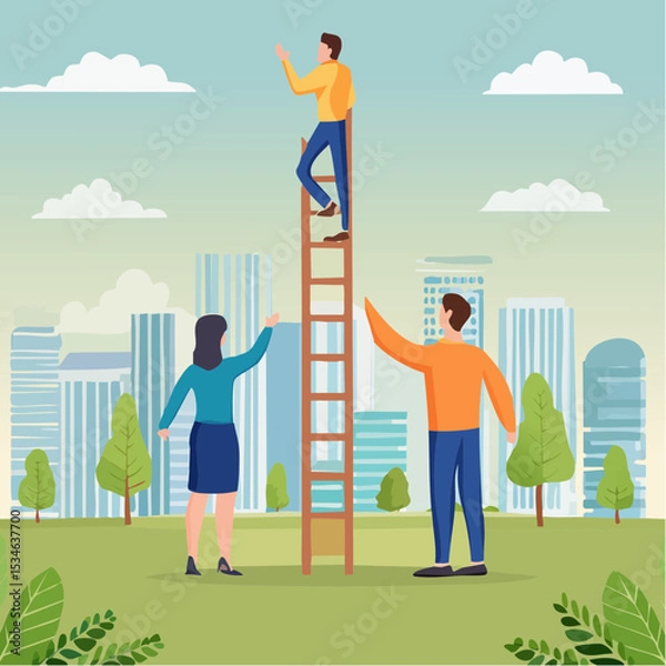 Obraz Team growth, growing business success, employee engagement, career progress, achievement or challenge, corporate ladder, motivation to win together concept, business people climb up growth grap