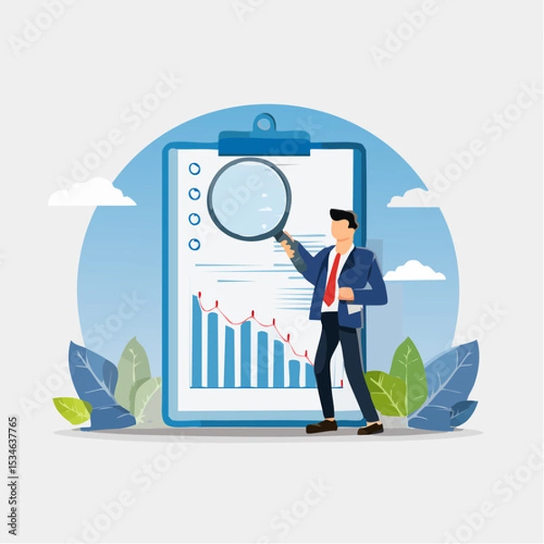 Obraz Data analysis chart and report, financial research or analyze information for marketing insight, analytics or optimization diagram, smart information, businessman analyze data with magnifying glas