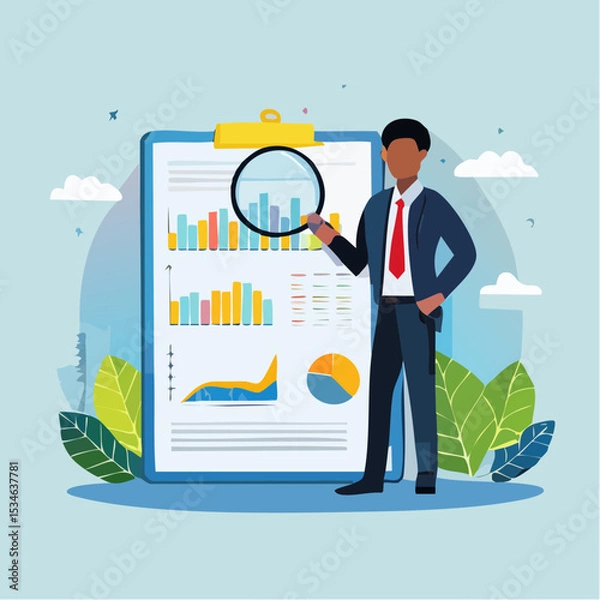 Obraz Data analysis chart and report, financial research or analyze information for marketing insight, analytics or optimization diagram, smart information, businessman analyze data with magnifying glas