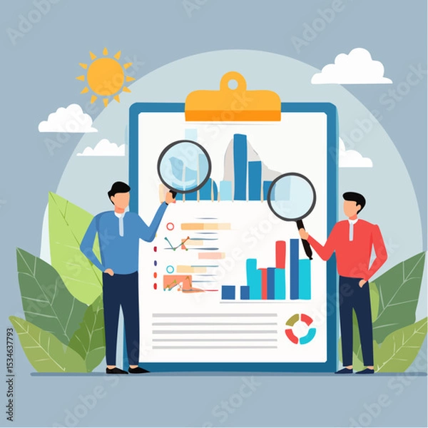 Obraz Data analysis chart and report, financial research or analyze information for marketing insight, analytics or optimization diagram, smart information, businessman analyze data with magnifying glas