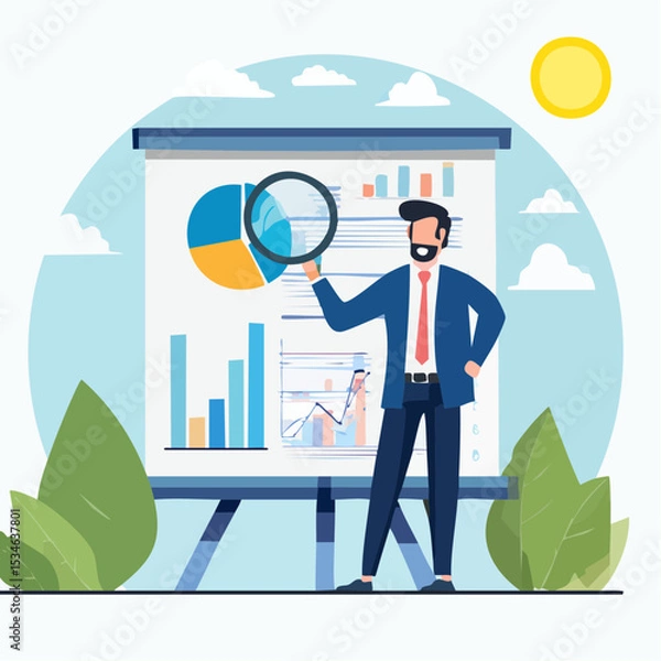 Obraz Data analysis chart and report, financial research or analyze information for marketing insight, analytics or optimization diagram, smart information, businessman analyze data with magnifying glas