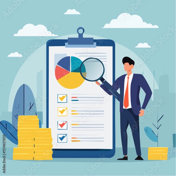 Obraz Data analysis chart and report, financial research or analyze information for marketing insight, analytics or optimization diagram, smart information, businessman analyze data with magnifying glas