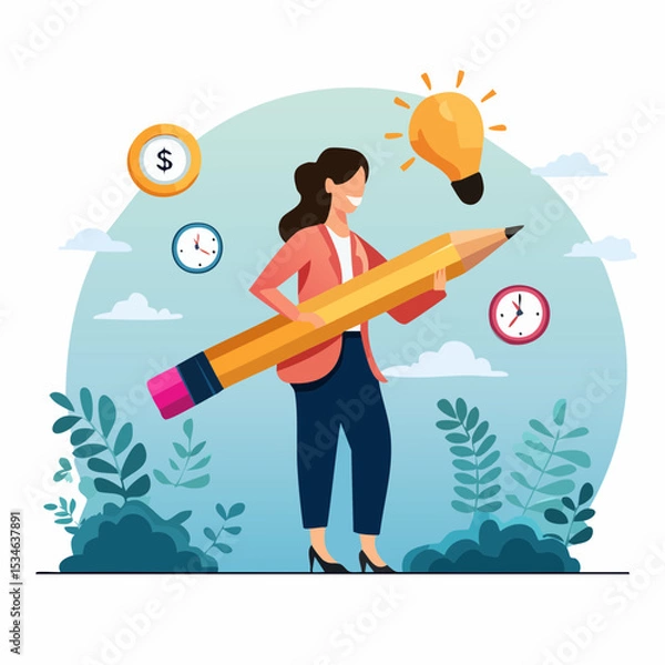 Obraz Project management or development plan, strategy or process to develop product, schedule or manage resource to achieve goal concept, businesswoman holding pencil with project management element