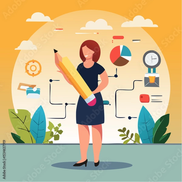 Obraz Project management or development plan, strategy or process to develop product, schedule or manage resource to achieve goal concept, businesswoman holding pencil with project management element
