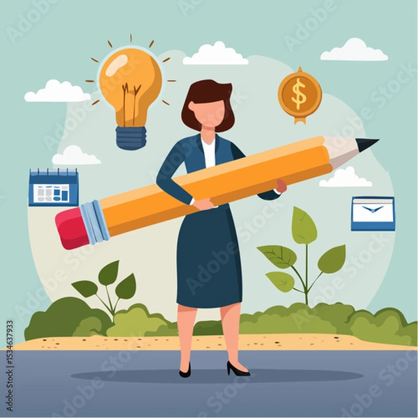 Obraz Project management or development plan, strategy or process to develop product, schedule or manage resource to achieve goal concept, businesswoman holding pencil with project management element