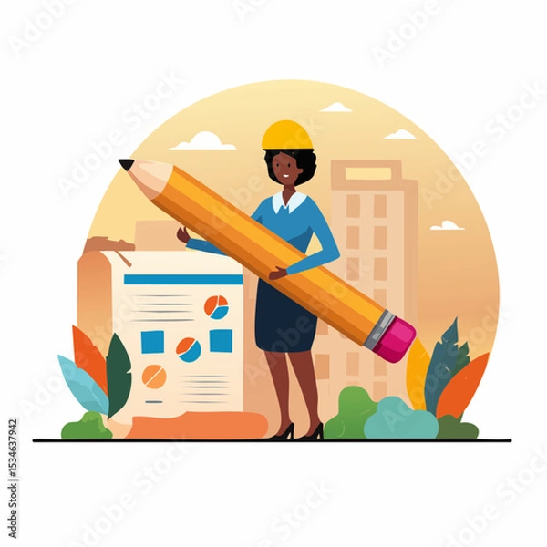 Obraz Project management or development plan, strategy or process to develop product, schedule or manage resource to achieve goal concept, businesswoman holding pencil with project management element
