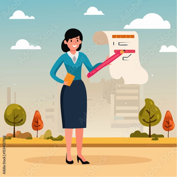 Obraz Project management or development plan, strategy or process to develop product, schedule or manage resource to achieve goal concept, businesswoman holding pencil with project management element