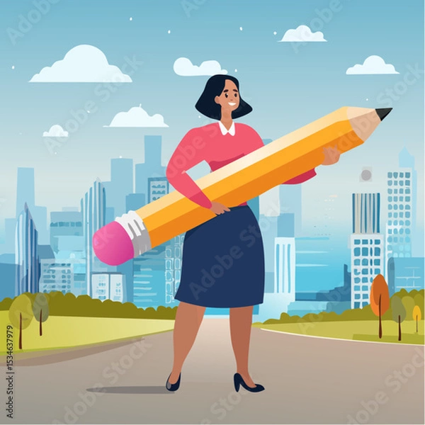 Obraz Project management or development plan, strategy or process to develop product, schedule or manage resource to achieve goal concept, businesswoman holding pencil with project management element