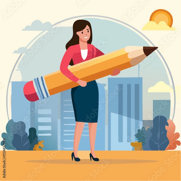 Obraz Project management or development plan, strategy or process to develop product, schedule or manage resource to achieve goal concept, businesswoman holding pencil with project management element
