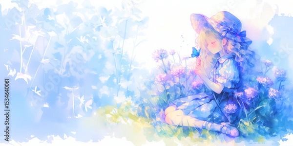 Obraz 蝶と憩う女性イラスト。水彩画。可愛い。ブログ素材。