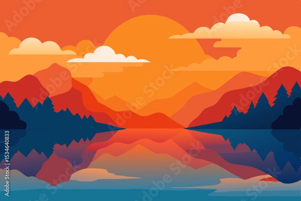 Fototapeta Serene Sunset Landscape Mountains, Lake, and Sky Reflection