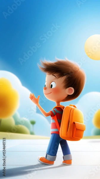 Fototapeta Smiling Elementary School Boy Waves Goodbye to Friends While Holding Lunchbox in Sunny Schoolyard