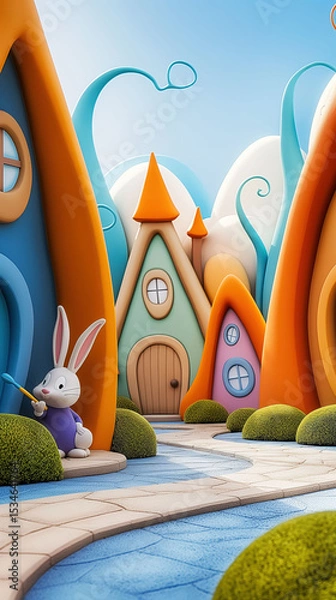 Fototapeta Whimsical Easter Bunny Village With Colorful Houses and Bunnies Painting Eggs During a Bright Spring Day
