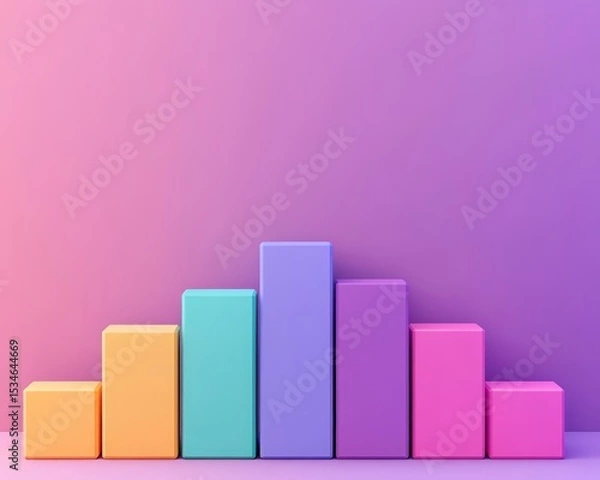 Fototapeta Colorful 3D bar chart with seven vertical blocks of varying heights, displayed against a gradient purple background.