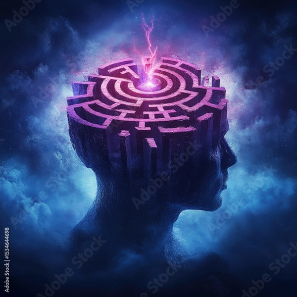Fototapeta A surreal image of a human head with a glowing maze inside, illuminated by a burst of purple lightning at the center, symbolizing complex thinking or mental energy.