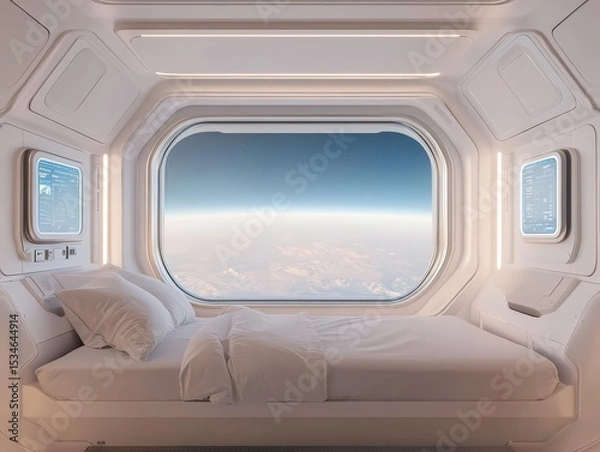 Fototapeta A futuristic, minimalist space capsule bedroom with a large window showing a breathtaking view of Earth"s atmosphere and clouds from orbit.