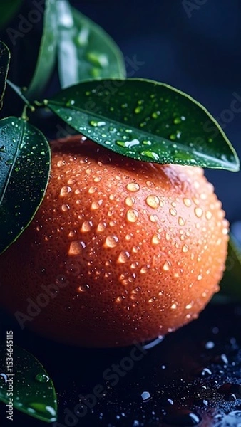 Fototapeta Close-Up of Fresh Orange with Water Droplets and Green Leaves. AI Generated