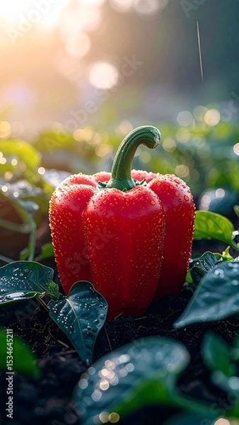 Fototapeta Fresh Red Bell Pepper Gleaming in Morning Sun with Dewdrops. AI Generated