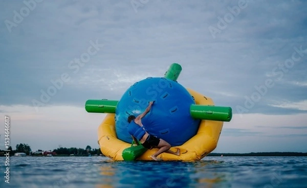 Fototapeta Młodzieżowa zabawa podczas wakacji na letnim obozie sportowym na dmuchanej kuli, atrakcja na wodzie z siłowaniem i zwinnością