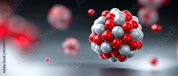 Fototapeta molecule nanoparticle concept. 3D illustration of atomic structure with red and white spheres representing protons and neutrons.