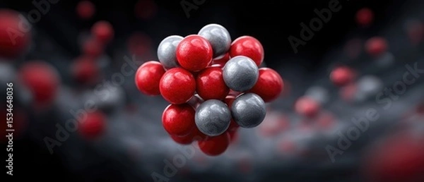 Fototapeta molecule nanoparticle concept. Abstract molecular structure with red and gray atoms on a dark background.