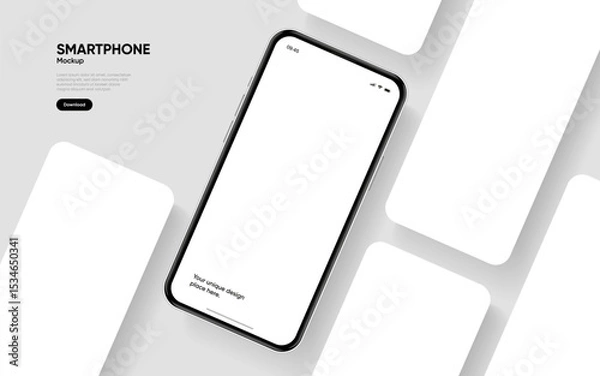 Fototapeta Realistic smartphone mockup. Mobile phone vector with isolated on white background. Device front view. 3D mobile phone with shadow. Realistic, high quality smart phone mockup for ui ux presentation.