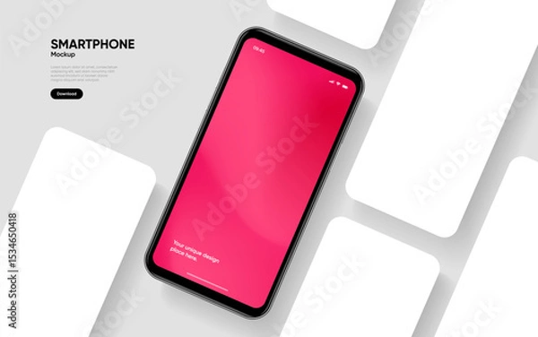 Fototapeta Realistic smartphone mockup. Mobile phone vector with isolated on white background. Device front view. 3D mobile phone with shadow. Realistic, high quality smart phone mockup for ui ux presentation.