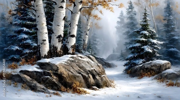 Fototapeta A dense winter forest with white birch trees, mist hanging low between trunks, and snow covering the forest floor