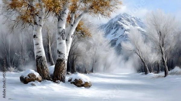 Fototapeta A dense winter forest with white birch trees, mist hanging low between trunks, and snow covering the forest floor