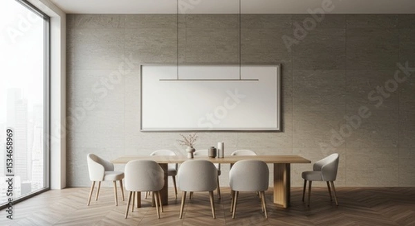 Fototapeta Dining Space with Stone Wall & Empty Horizontal Frame Professional Interior Mockup