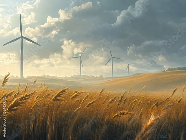 Fototapeta An environmental concept art featuring windy fields with tall grass and windmills with realistic textures.
