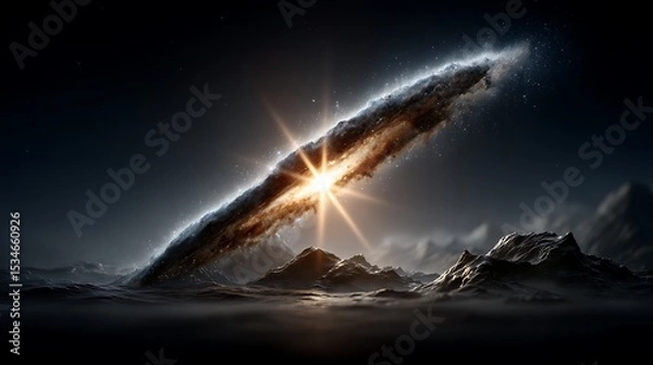 Fototapeta A distant galaxy seen through a veil of translucent cosmic dust, with soft edges and a glowing core casting light through the haze