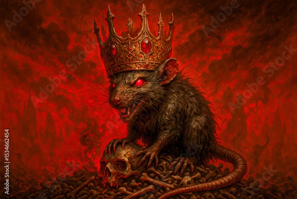 Obraz Crowned Demonic Rat Ruling Over Skull Pile in Fiery Hellscape