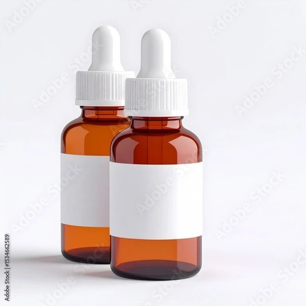 Fototapeta Two Amber Glass Bottles with Droppers and Blank Labels