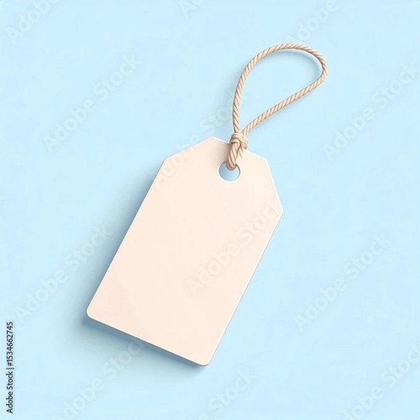 Fototapeta Blank Beige Tag with Jute String on Light Blue Background