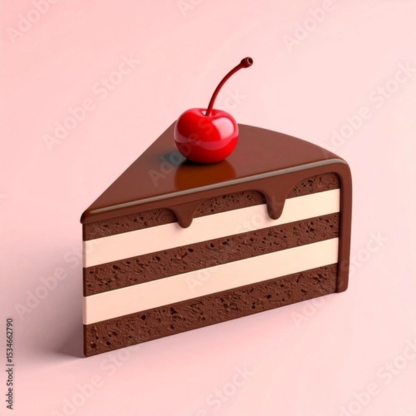 Fototapeta Chocolate Cake Slice with Cherry Topping on Pink Background