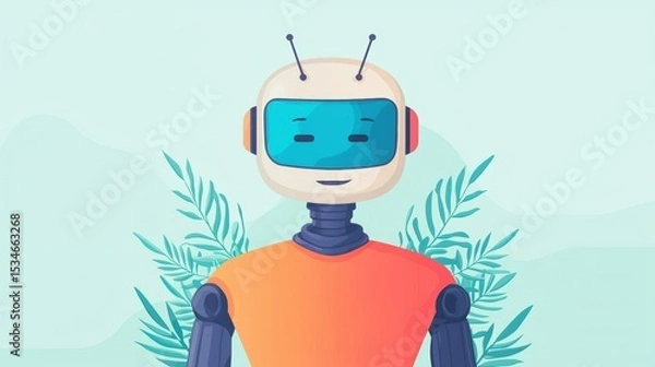 Fototapeta Friendly robot character with a colorful design and foliage background.