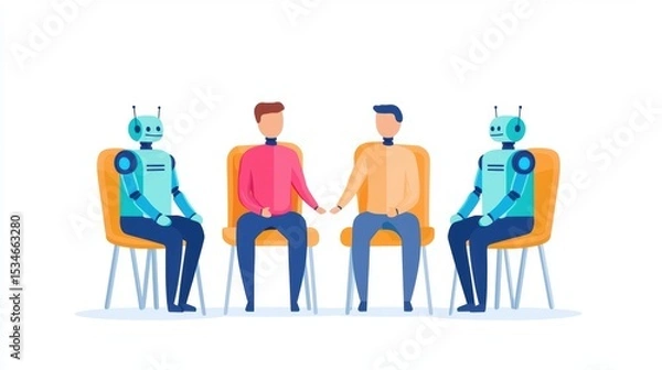 Fototapeta Two humans and two robots engaged in conversation on chairs.