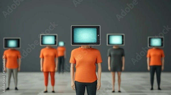 Fototapeta Figures with TV screens for heads stand in a minimalist space.